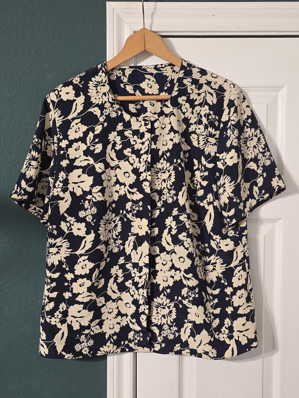 VTG 80s St Michael Navy Satin Floral Button Up Top Blouse Womens M Grandmacore